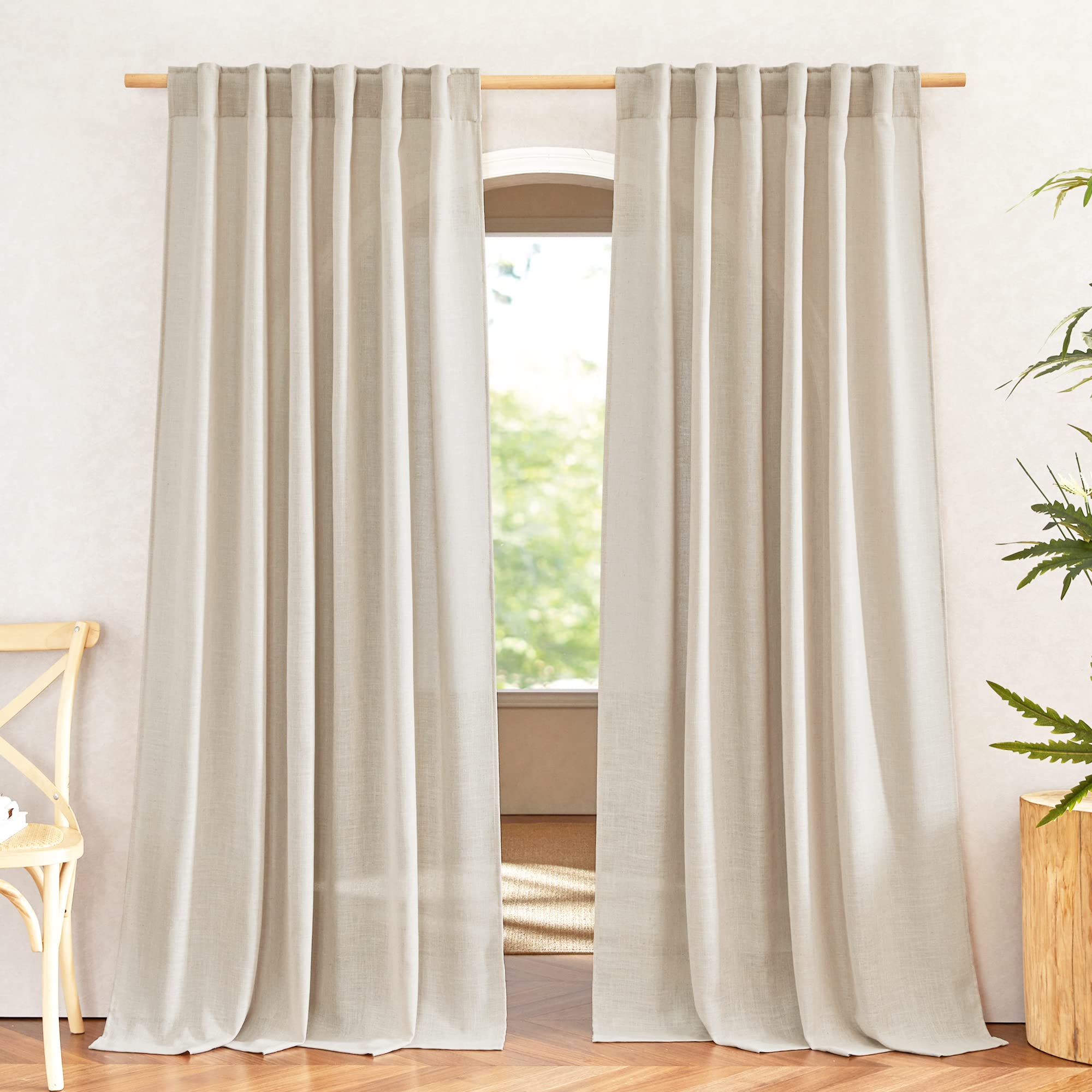 NICETOWN Linen Cream Curtains 90 inches Long, Rod Pocket & Back Tab Flax Linen Burlap Semi Sheer with Light Filtering Privacy Window Treatments for Bedroom/Living Room, W52 x L90, 2 Pieces