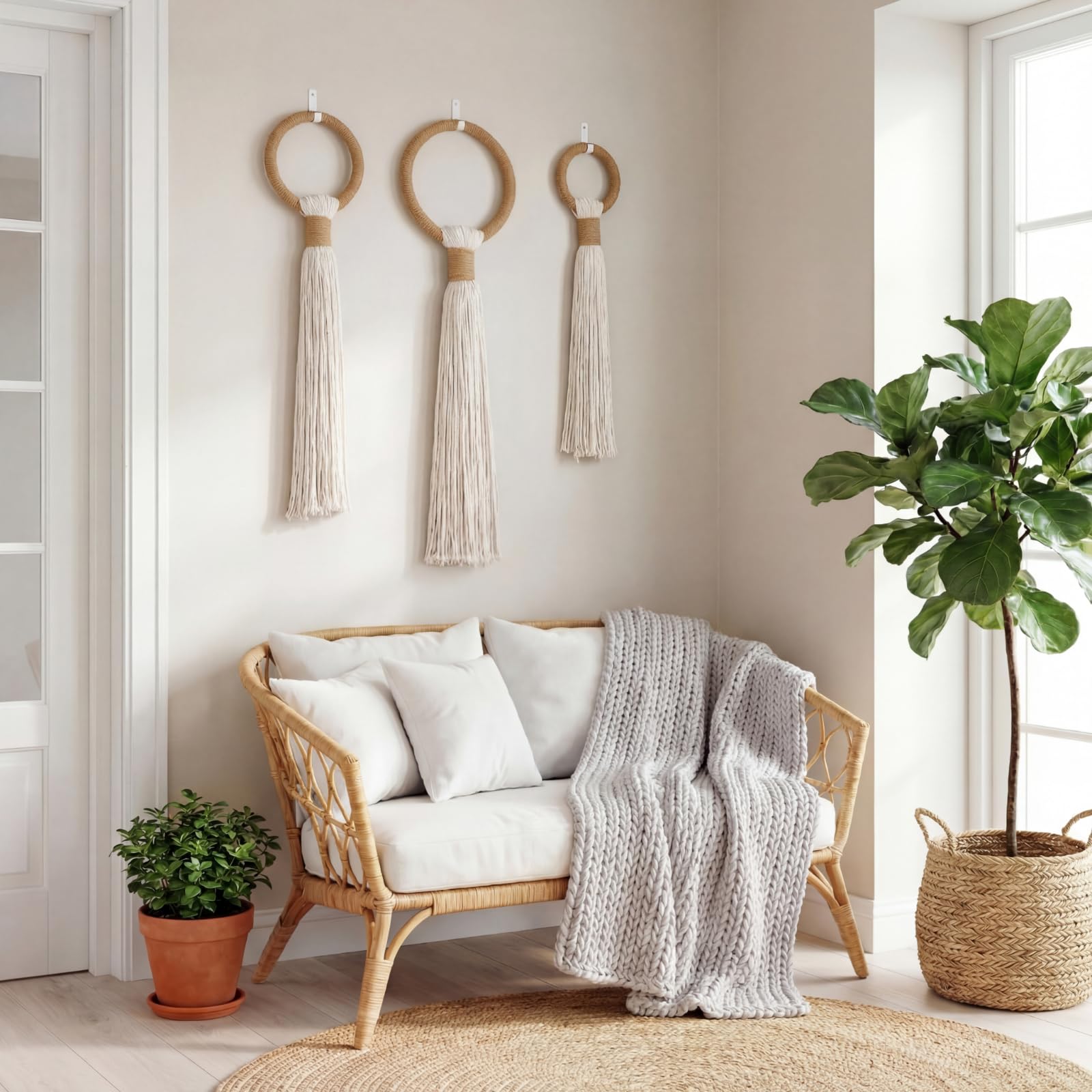 Photo 1 of Tegeme 3-piece Macrame Wall Hanging Large Boho Wall Decor Set Extra Large Beige Boho Spherical Knot Tapestry with Long Fringe Handmade Cotton Yarn Art for Living Room(Irony,Classic)