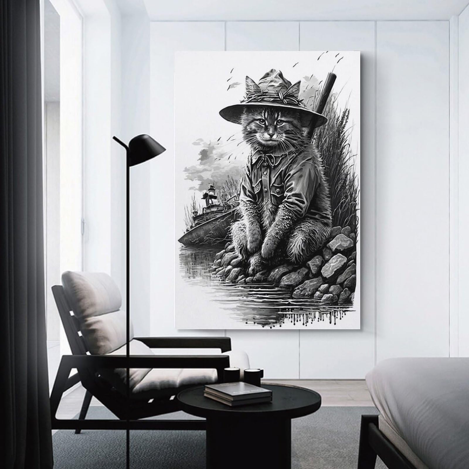 Junmoney Fisherman Cat Portrait Canvas Art Print 20x30inch(50x75cm), for Gallery Wall Layouts in Home Or Office, Decorative Artwork with Flexible Styling