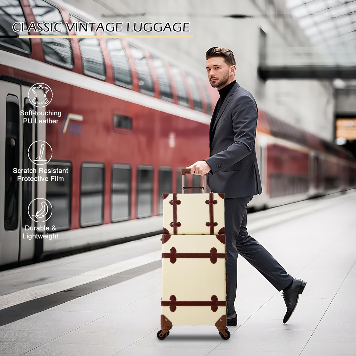 Apelila 2 Piece Luggage Set with Nesting Design, Expandable Vintage Suitcase with Silent Spinner Wheels, Zipperless TSA Lock & Faux Leather, Lightweight Carry On Set for Men and Women