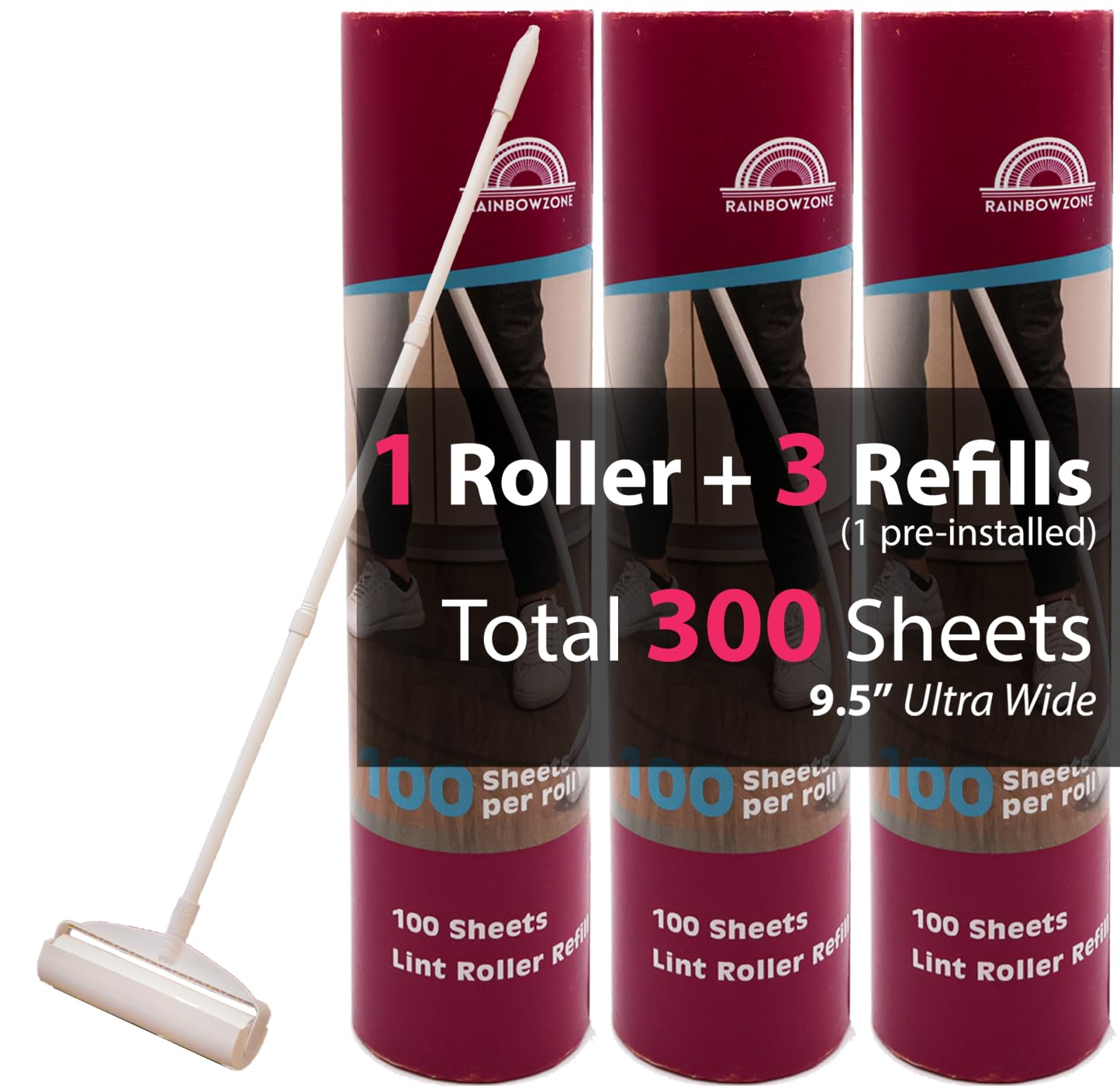 Rodillos de pelusa grandes más 3 rollos ultra anchos en total 300 hojas de repuesto de rodillo de pelusa gigante con 3 asas largas extensibles para depilación de mascotas y limpieza del hogar (1