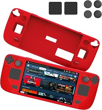 Steam Deck Full Wrap Slim Case with Stand, Removable Face Cover, Drop and Dust-Proof Gaming Case, Comfortable Protective Case, Accessories, Touchpad Buttons, Sticker Set JYS-SD011 Red