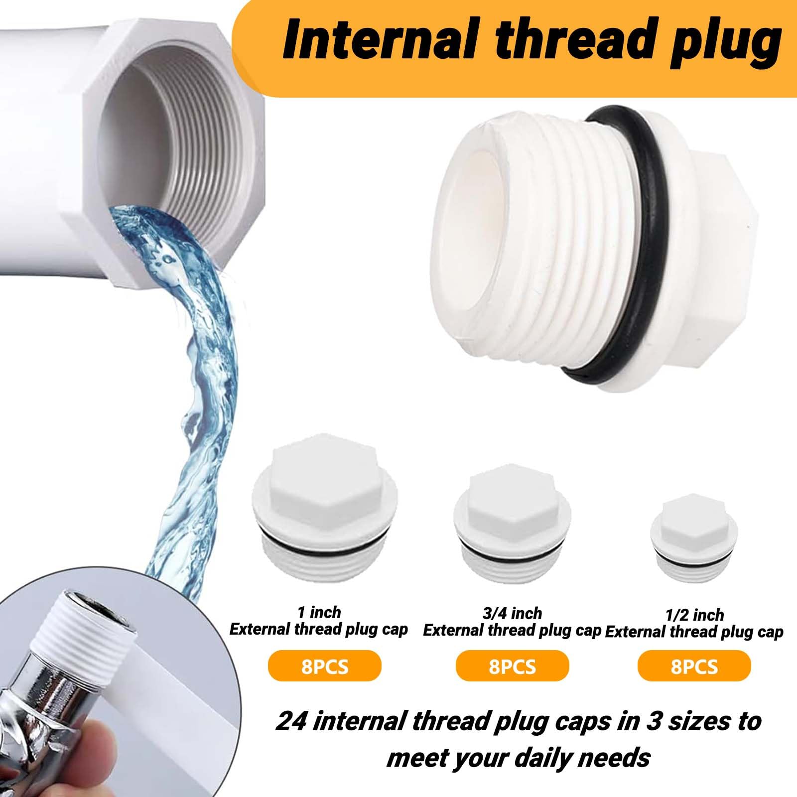 48 sztuk TREABEAR Plastikowe zaślepki gwintowane, zaślepki do węży hydraulicznych 1 3/4 cala 1/2 cala, wtyczka z PCW 1/2 cala gwint męski i żeński, zaślepki węża z gumowym pierścieniem i zatyczką do