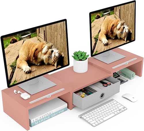 WESTREE Elevador de computadora doble de 3 estantes con cajón, longitud y ángulo ajustables, organizador de almacenamiento de escritorio para 2