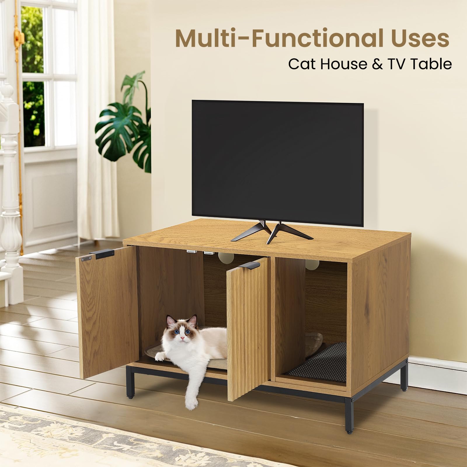 Cat Litter Box Enclosure, Hidden Litter Box Furniture with Metal Legs, Side End Table Indoor Cat House Storage Cabinet 31.5 x 19.7 x 20 Inches (Black + Gold)