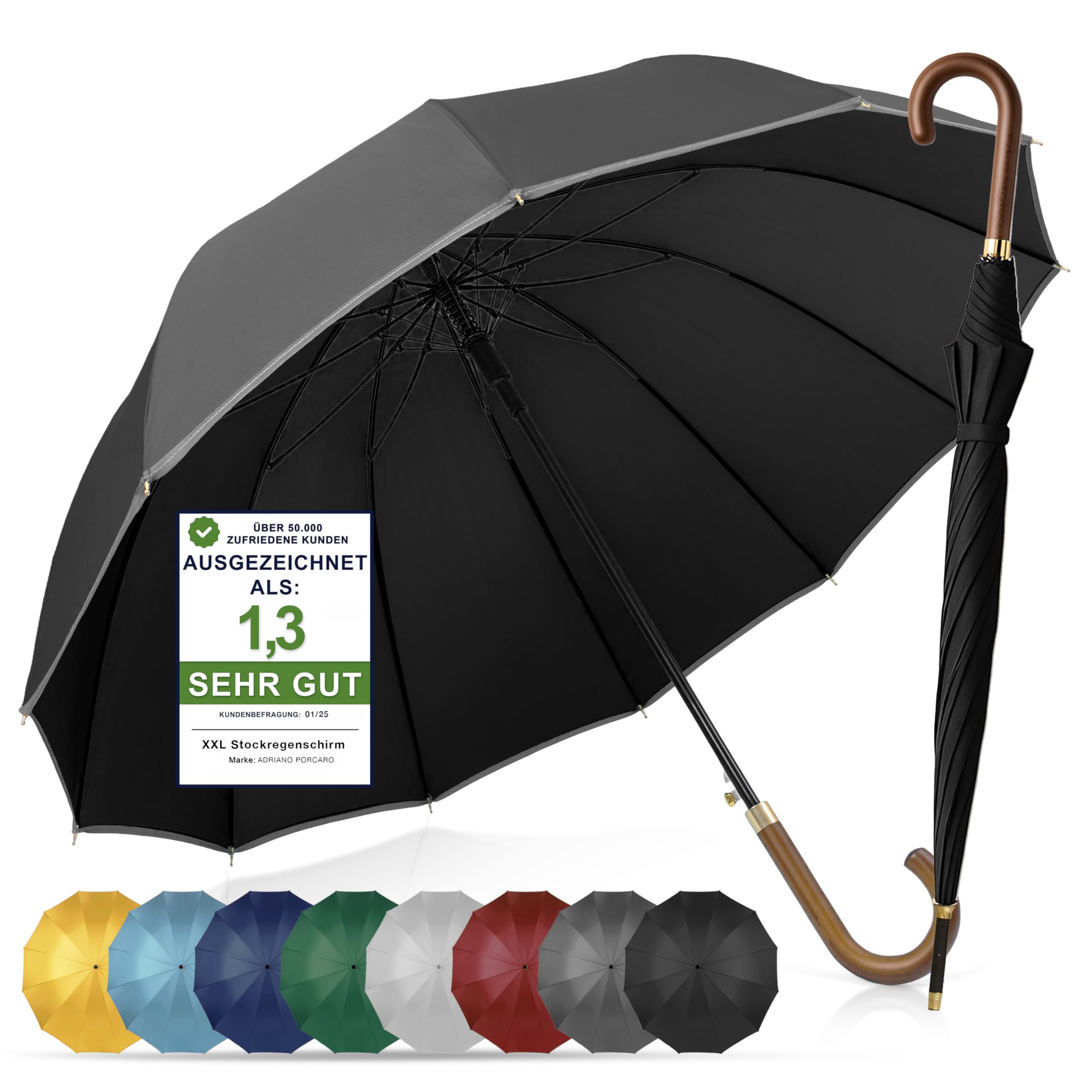 ADRIANO PORCARO® Paraplu stormbestendig 120cm XXL met reflecterende rand 12 stangen stok paraplu - voor heren en dames, olijfgroen