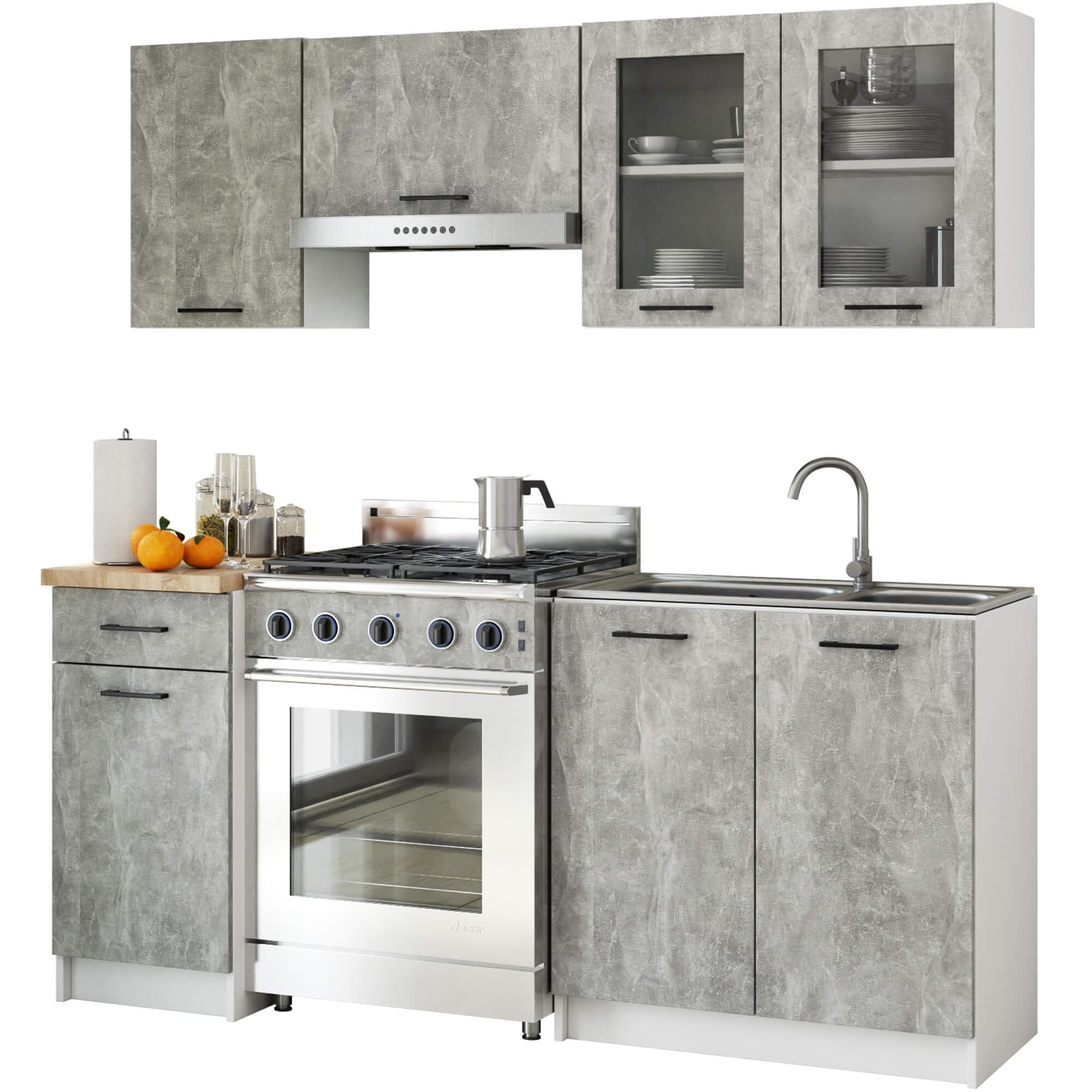 AKORD Küchenmöbel-Set OLIWIA 1.8m Modulares 180 cm 7 Türen 1 Schublade 8 Regalböden, Küche Komplett, Kitchen Cabinet Set, Küchenschränke, Standschränke, B180xH203xT46 cm, Beton & Beton
