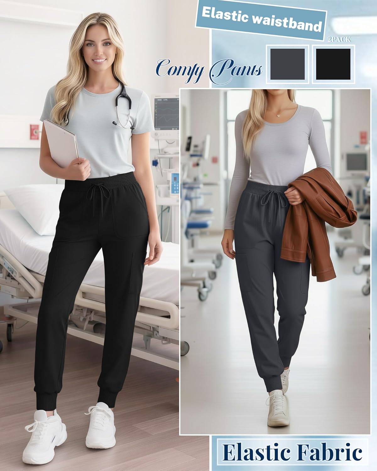 2 Pack Women's Scrub Pants Elastic Waist Cargo Joggers with 6 Pockets and Drawstring Casual Nurse Pants - Image 4
