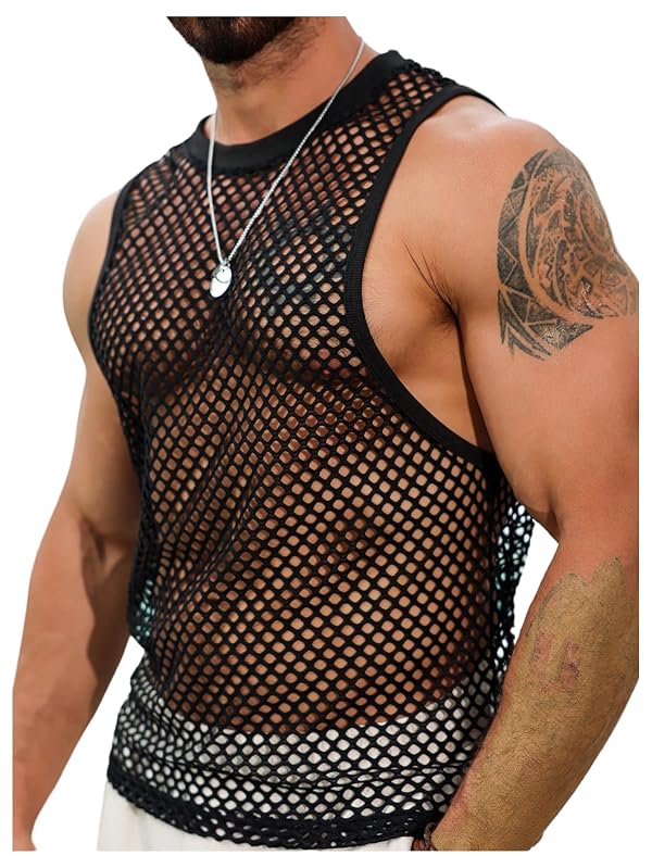 WDIRARA Men's Sheer Mesh Sleeveless V Neck Tank Top T Shirt Party Top Black Mesh Medium by WDIRARA - Used condition - US$6.30