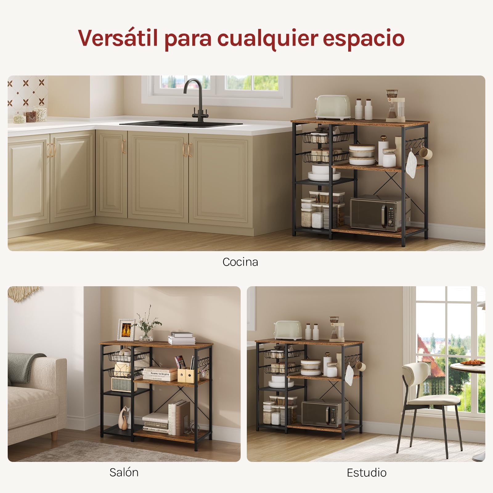 WOLTU Estanteria Almacenaje con 2 Cestas y 2 Estantes de Malla Metálica, Estantes de Soportede para Microondas con 5 Ganchos, Organizador Cocina, 90 x 40 x 82 cm, Marrón Rústico+Negro