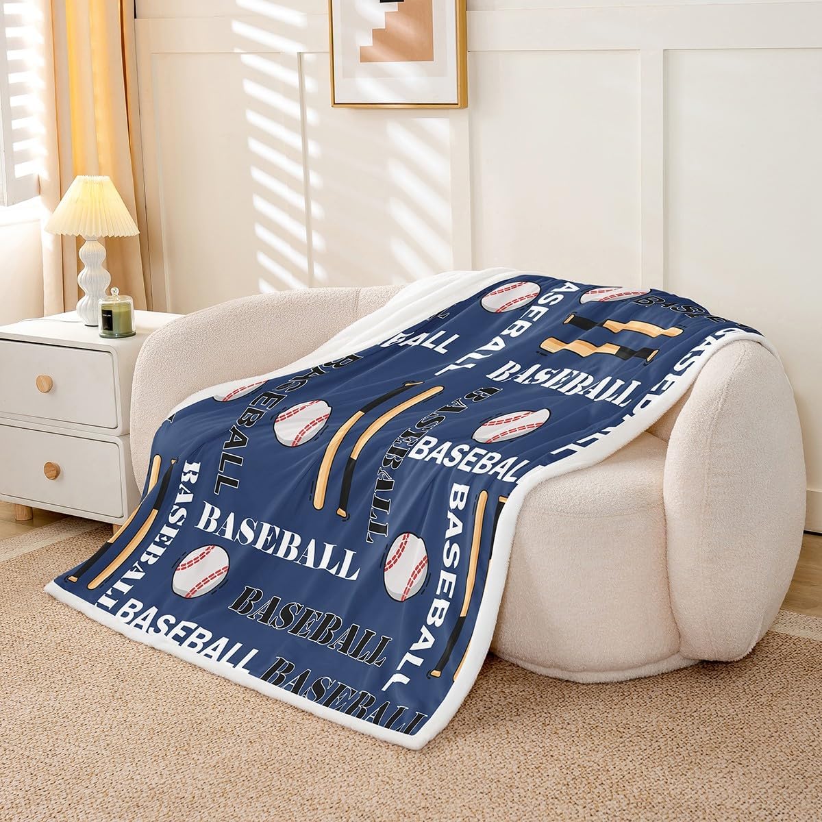 Feelyou Boys Baseball Sherpa Blanket Sports Baseball Print Fleece Throw Blanket for Kids Teens Girls Ball Gamer Decorations Fuzzy Blanket for Sofa Bed Couch Blue,Twin 60x80 Inches