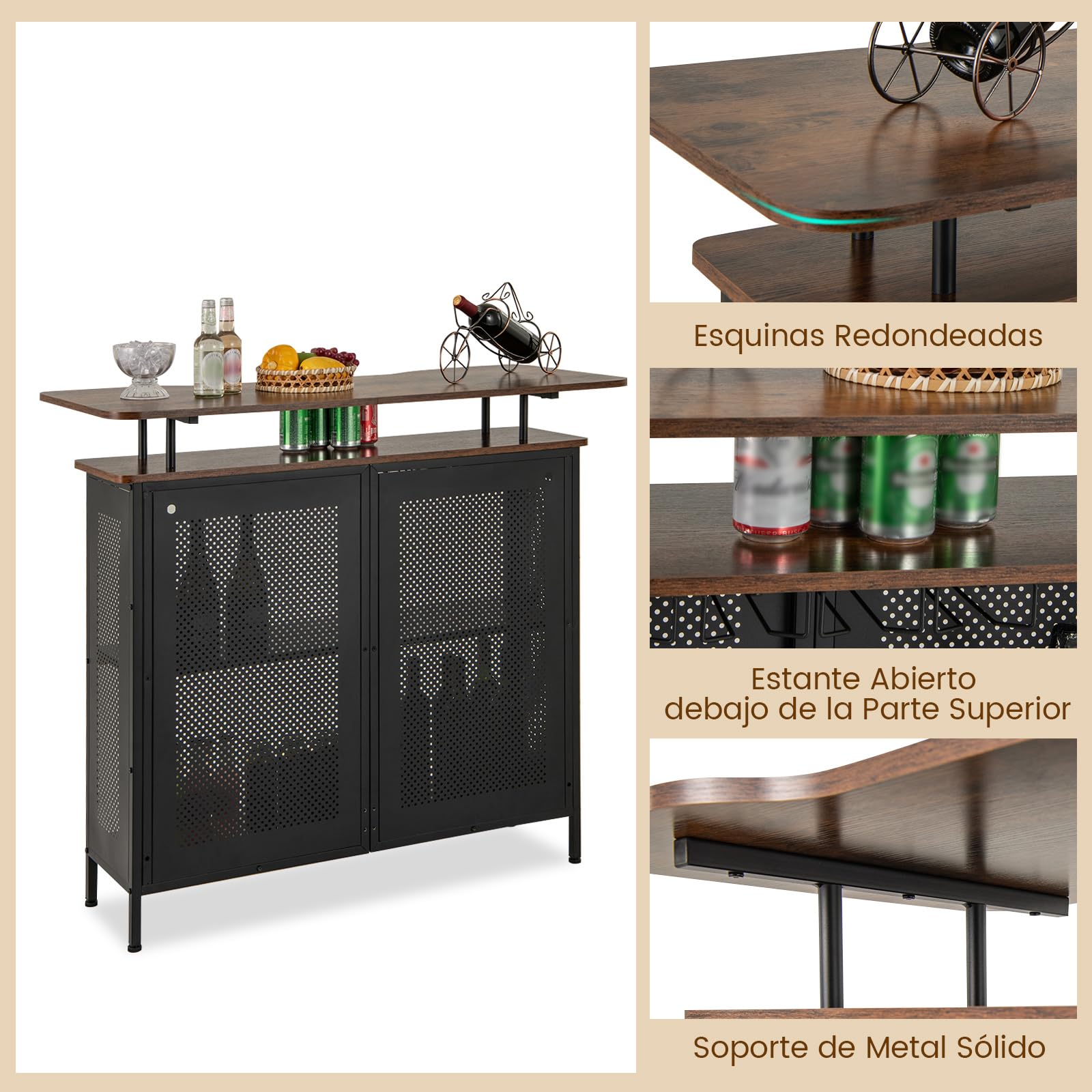 COSTWAY Mesa de Bar, Armario de Metal con 2 Estantes para Vino y 6 Soportes para Copas, Reposapiés y 7 Patas Ajustables, Mesa de Bar de Metal para Cocina Pub,120x50x106,5 cm (Rectangular Marrón)