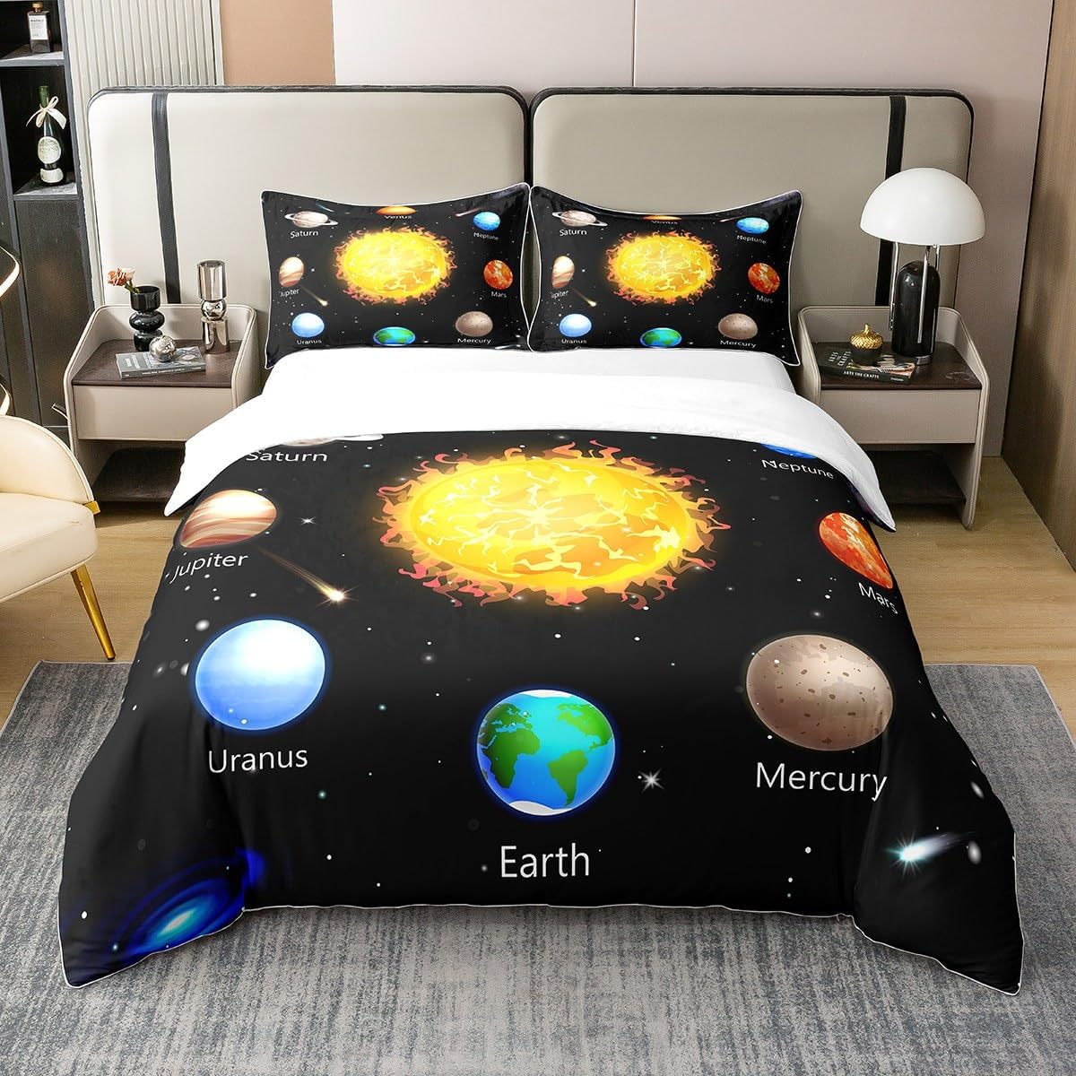 Erosebridal 100% Organic Cotton Solar System Comforter Cover Full Size Outer Space Bedding Set Universe Planets Theme Duvet Cover for Boys Girls Kids Galaxy Starry Sky Astronomy Bed Set,Blac