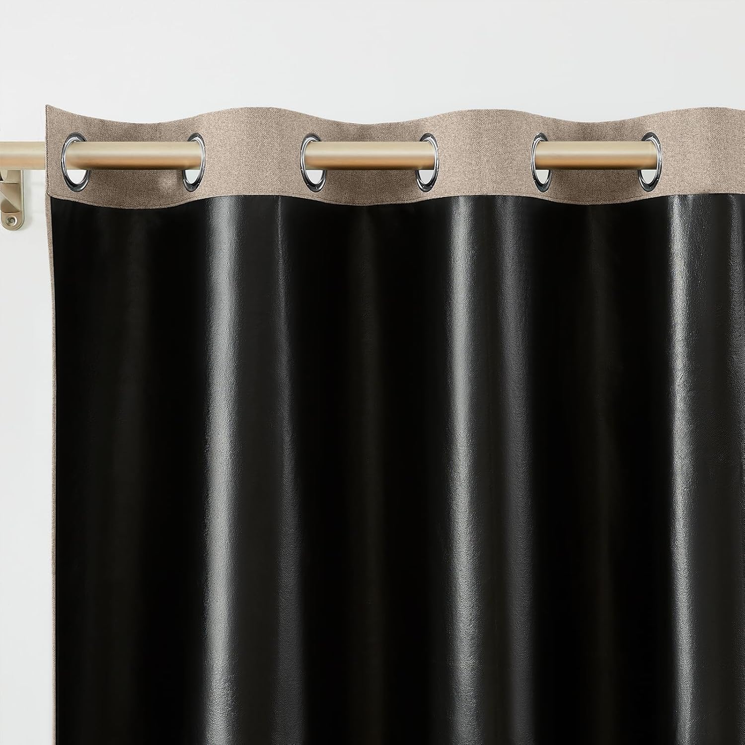 Melodieux 100% Blackout Linen Textrued Curtains for Living Room, Full Light Blocking Thermal Insulated Grommet Curtain Drapes with Black Back for Bedroom, 52 x 54 Inch, Tan (2 Panels)