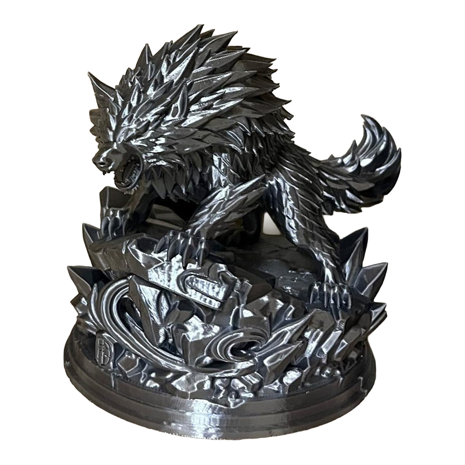 sugerou 3D Printed Wolf Statue, Howling Wolf Figurine on Rock Sculpture, Detailed Animal Ornament for Home Office Desk Decor, Sturdy PLA Decorative Wildlife Collectible Gift Silver