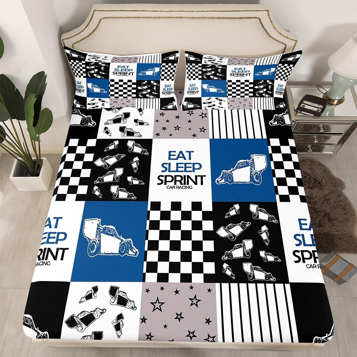 Eat Sleep Sprint Fitted Sheet Full Size Race Car Blue White Bedding Set Set for Kids Teens Adults Speed Sports Car Bed Sheet Set Extreme Sports Bed Cover Room Decor 3Pcs with 2 Pillow Case
