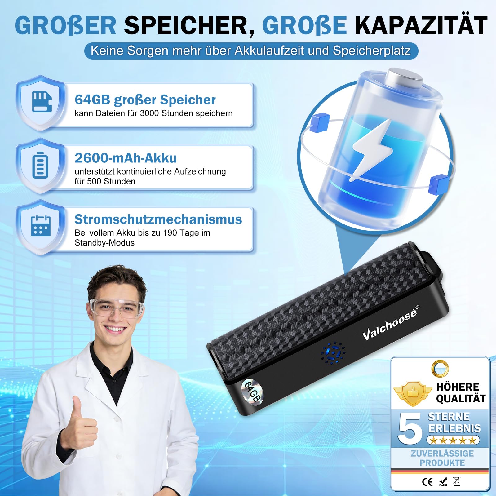 Valchoose 64 GB Digitales Diktiergerät & Aufnahmegerät mit Abhörgerät-Funktion, One-Touch-Aufnahme, Magnetfunktion für Meetings & Interviews