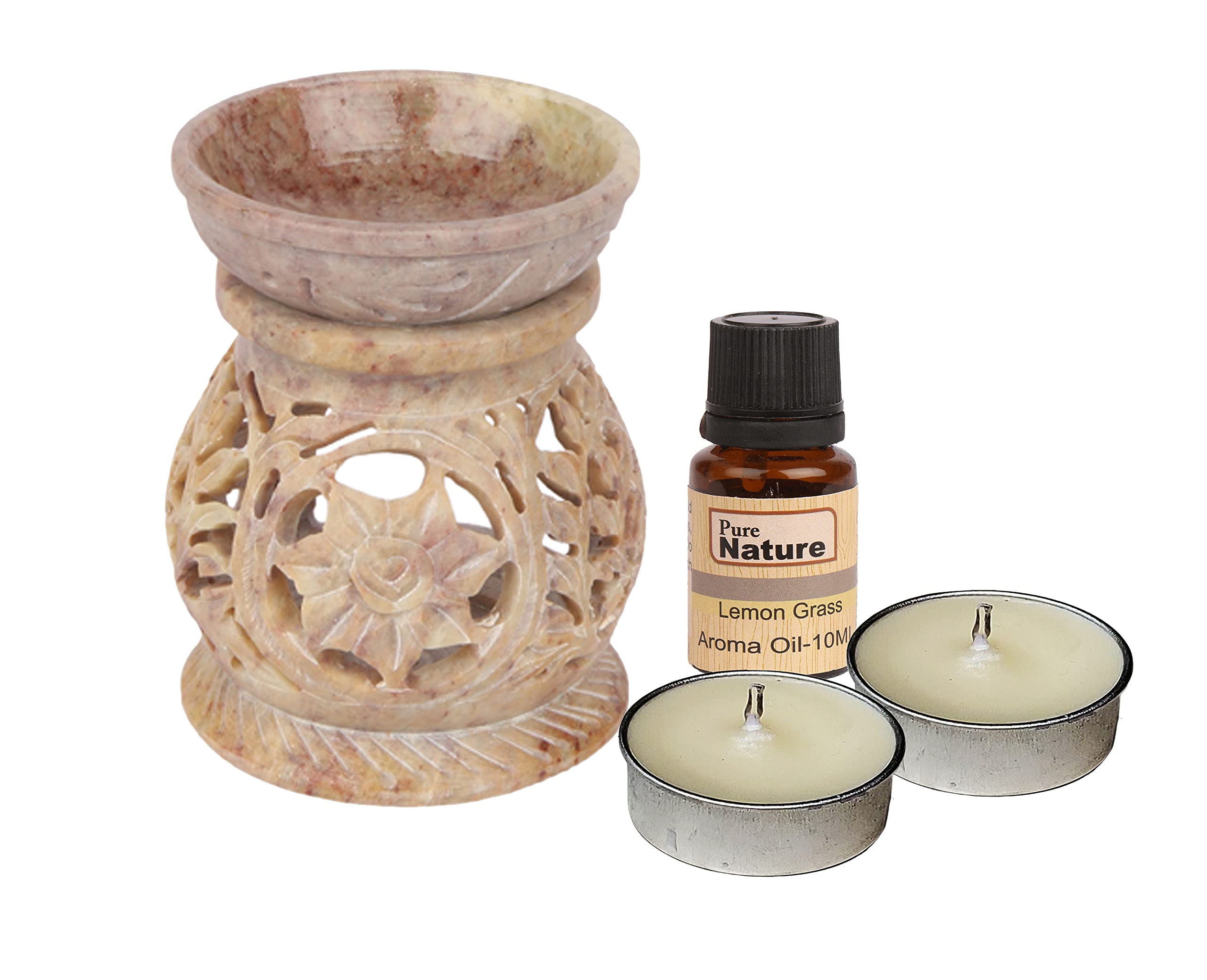 Pure Source India Soapstone Oil Burner Set, 4 Inch, Natural Brown
