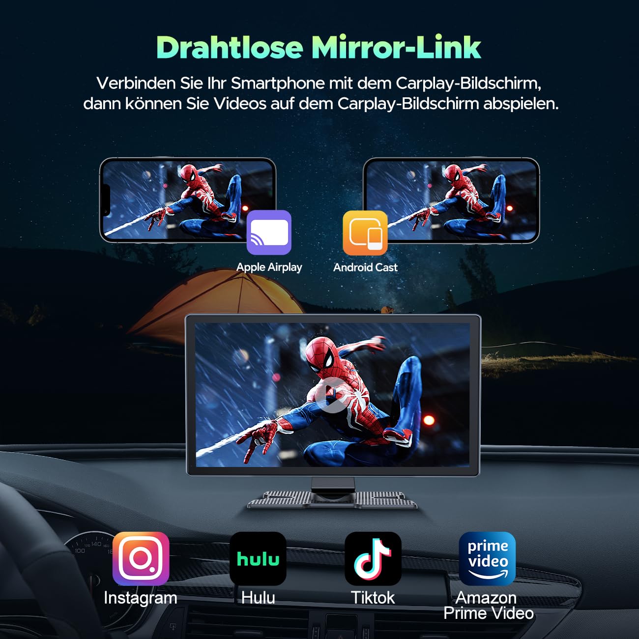 Volam Autoradio Portatile con Wireless A-pple Carplay & Android Auto, 9 Pollici Radio Auto Portatile con IPS Touchscreen, Auto Stereo Radio con Bluetooth 5.0/GPS/Controllo Vocale/Mirror Link/FM/AUX