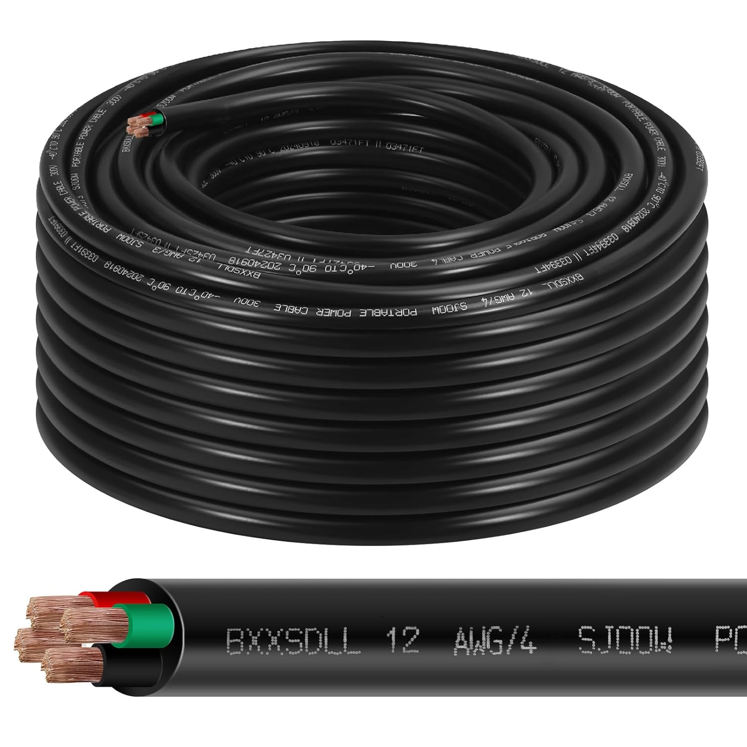 100FT 12/4 SJOOW 300V Wire, 12 AWG 4 Conductor 100FT Portable Power Cable 300V Copper Cord, 12 Gauge 4 Conductor 100 Foot Cable for Motor Leads, Portable Lights, Battery Chargers and Machinery