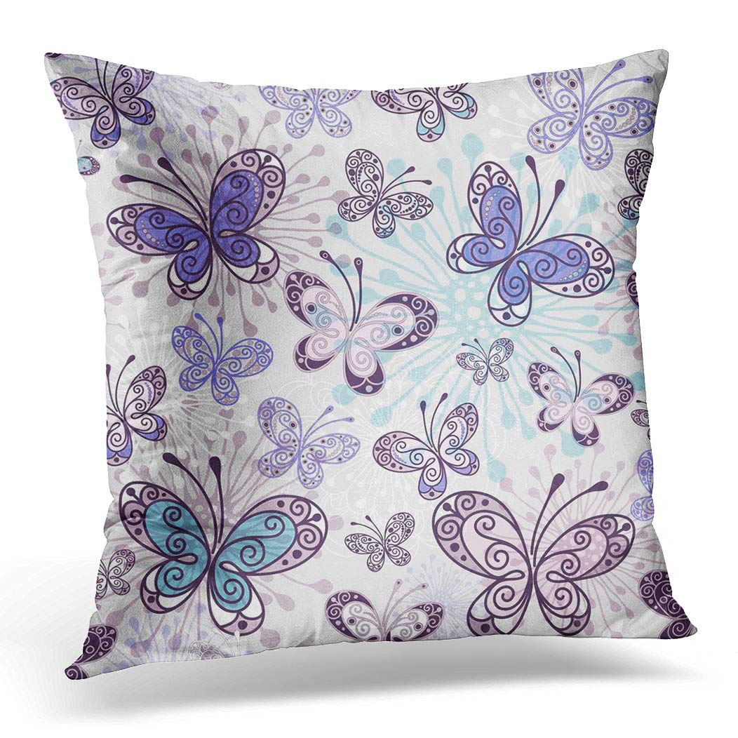 Awowee Color 11 Cushion Cover 45X45cm/18X18inches Gray Butterfly Pink Violet Blue Butterflies Purple Flower Pattern Home Decor Throw Pillow Cover Square Pillowcase For Bed Sofa