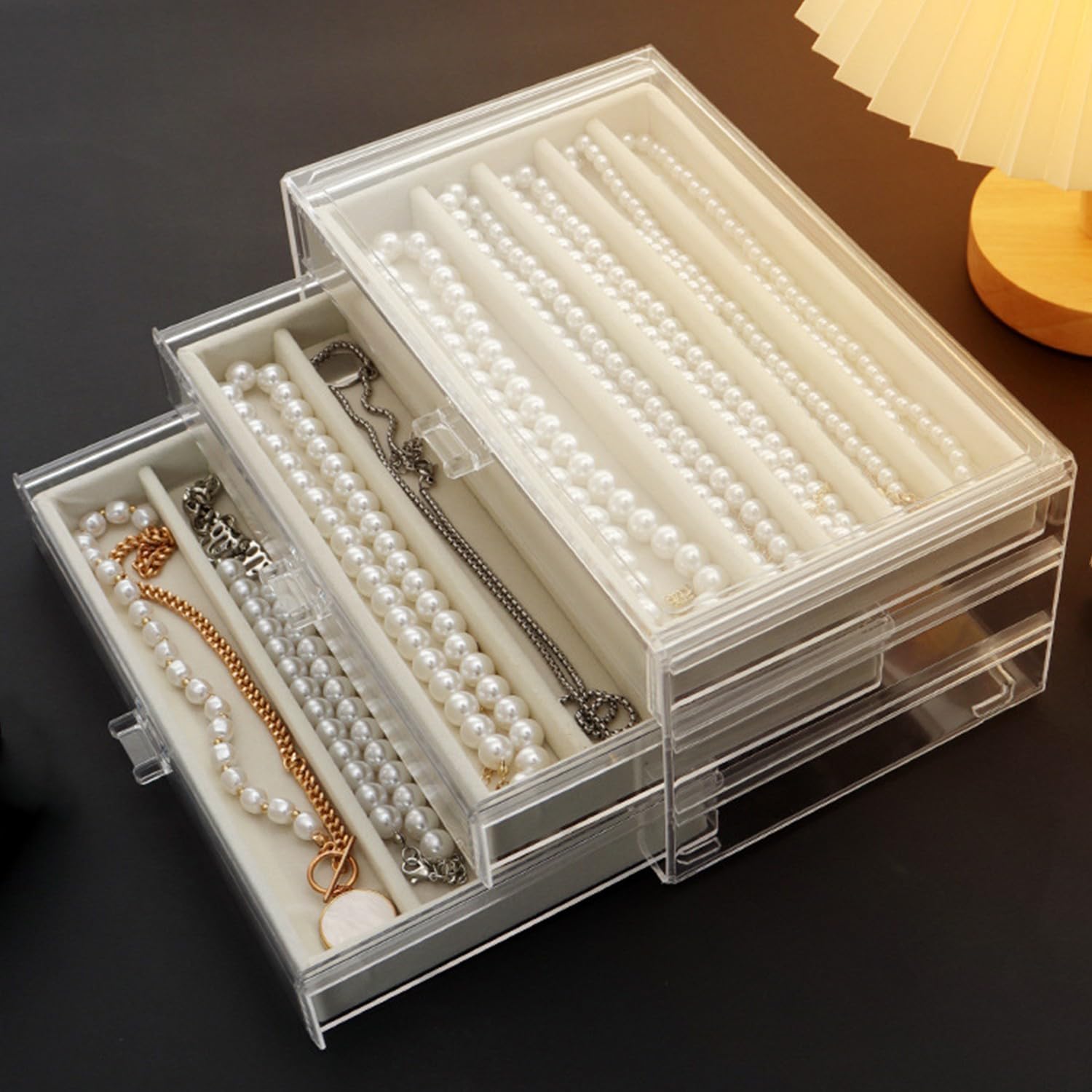 Scatola portagioielli per collane, contenitore organizzatore in acrilico con vassoio in velluto, custodia antipolvere per collane per donne e ragazze (Beige, 3 cassetti)