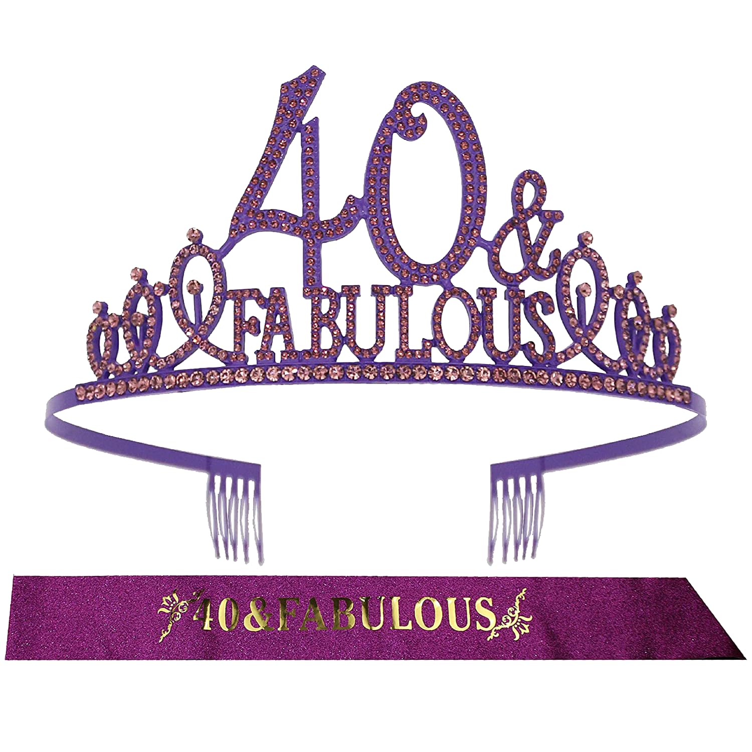 40th Birthday Sash and Tiara for Women - Fabulous Glitter Sash + Fabulous Rhinestone Purple Premium Metal Tiara for Her, 40th Birthday Gifts for 40 Party