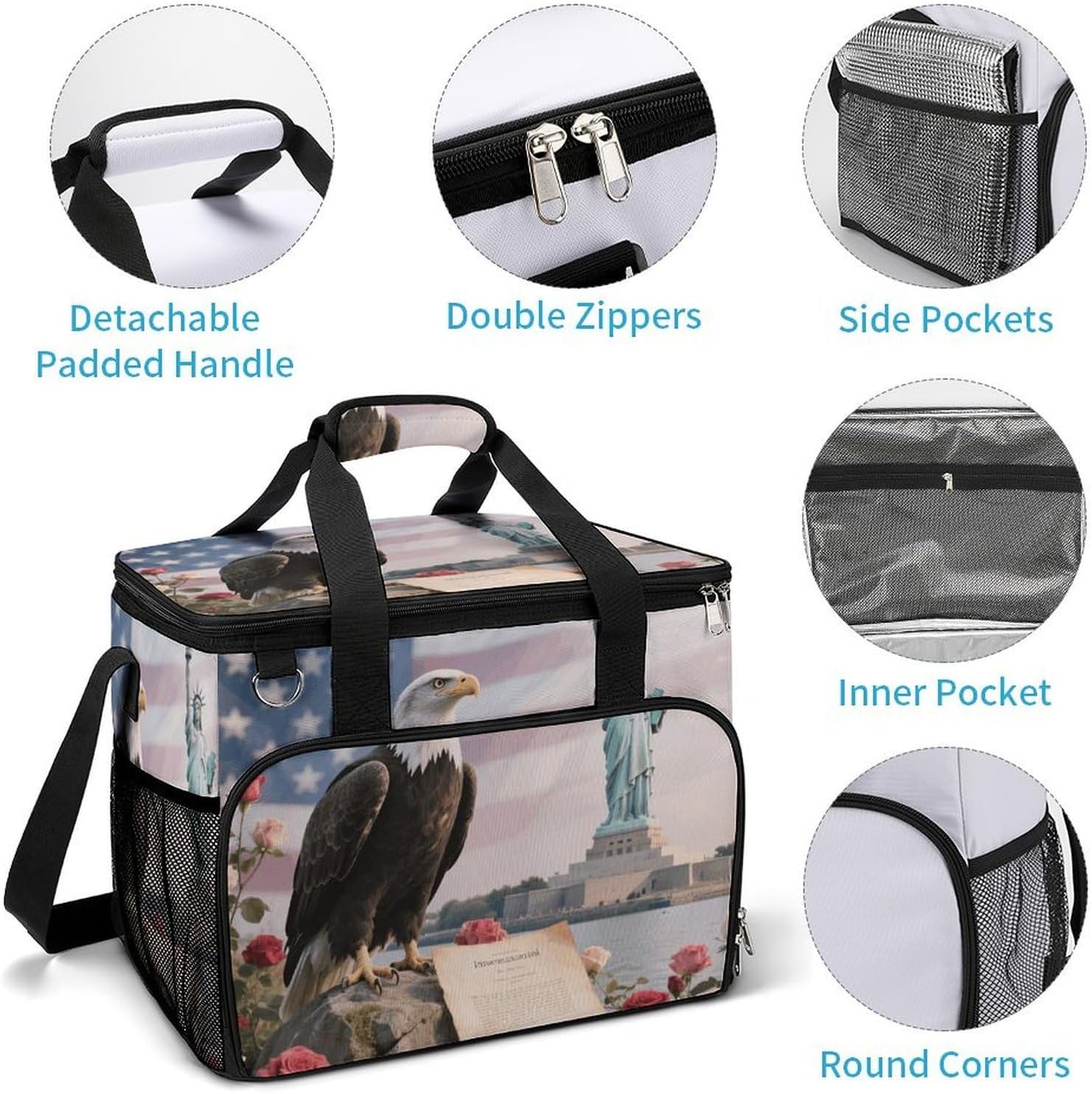 Insulated Picnic Backpack Tote Bag, Large Capacity 30L American Eagle Patriotic USA Cooler Bag Leakproof Beach Bags Portable Lunch Box Waterproof Picnic Basket for Beach Camping BBQ