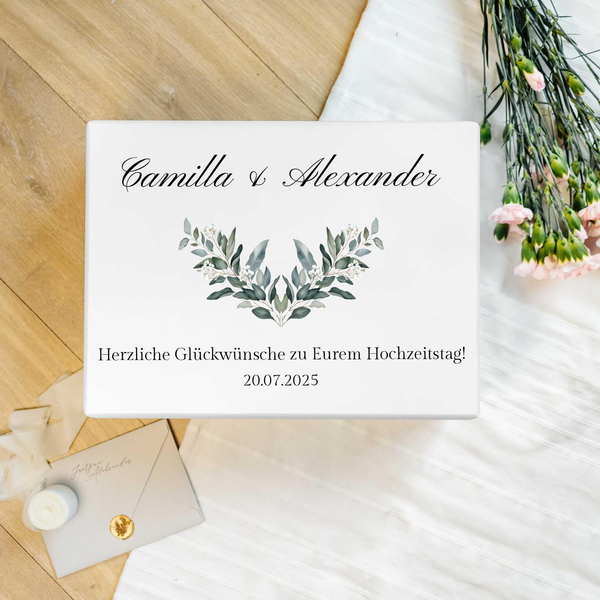 Creative Deco Hochzeitsgeschenke Personalisiert für Brautpaar - Zweige | Geschenk zur Hochzeit | Erinnerungsbox Hochzeit JGA| Holzkiste mit Deckel | Personalisiertes Hochzeitsgeschenk Farbdruck