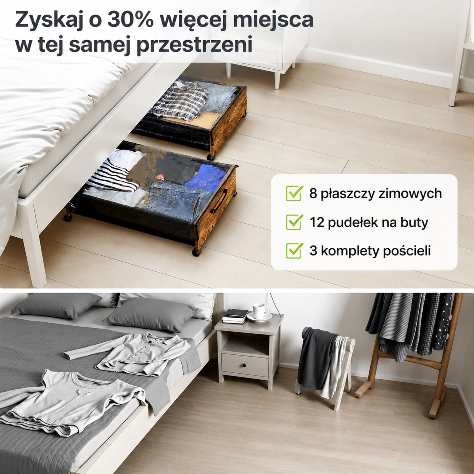 2 pojemniki do przechowywania pod łóżkiem na kółkach, mobilne szuflady na ubrania i buty do sypialni z uchwytami