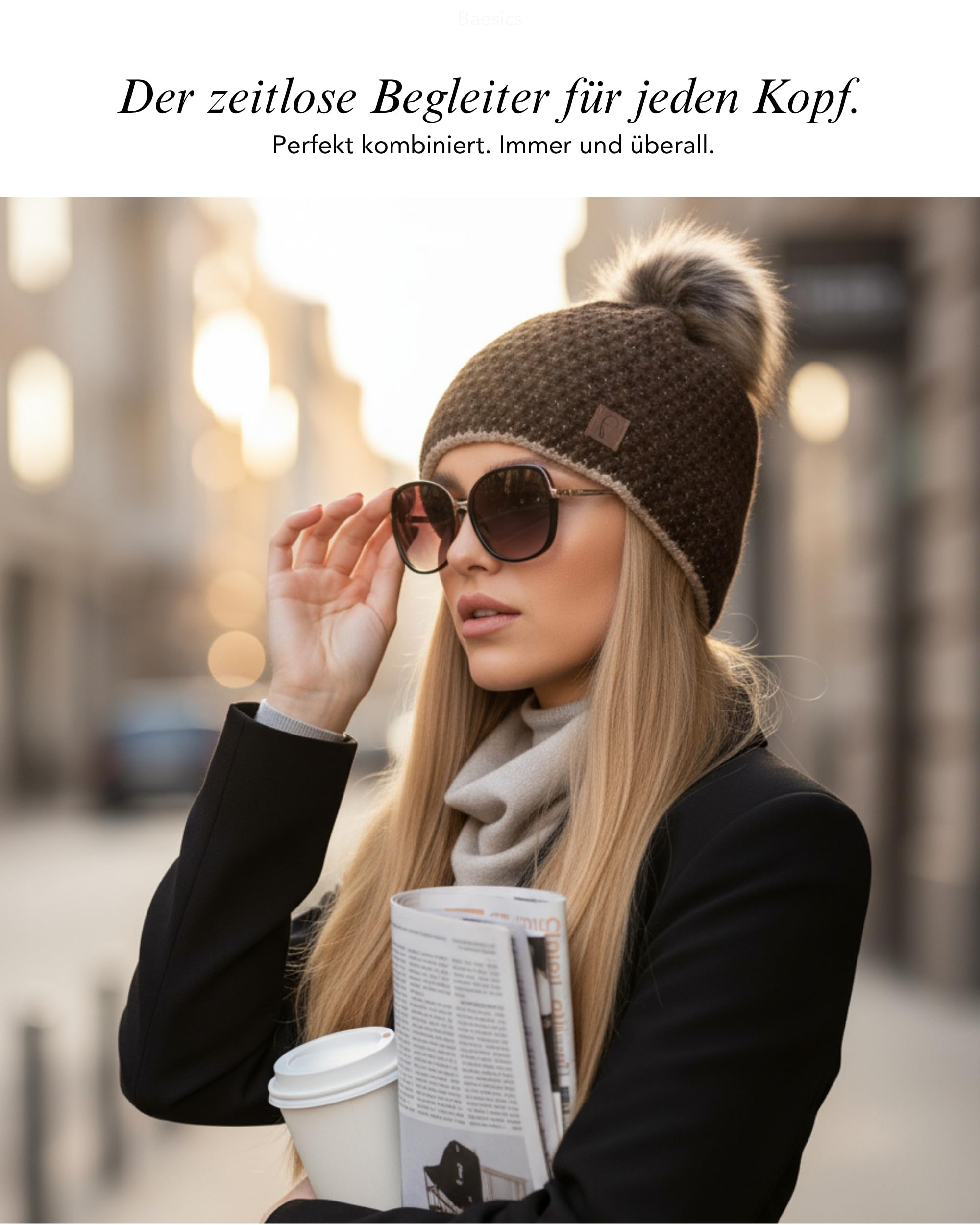 Baesics Berretto lavorato a maglia con glitter marrone con pompon per uomo e donna – caldo berretto invernale unisex con fodera in pile e pelliccia sintetica Pompon One Size – Beanie Style