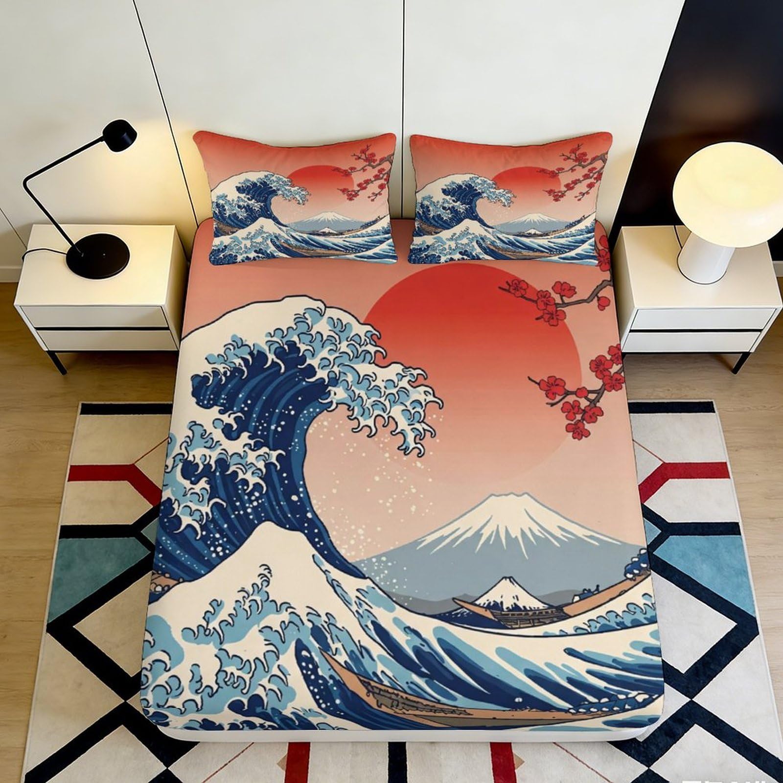 3D Printed Japanese Wave Fitted Sheet Microfiber Soft Breathable Red Sunset Bed Cover for Bedroom Dormitory Guest Room Mattress Protection Decor 160x200x25cm