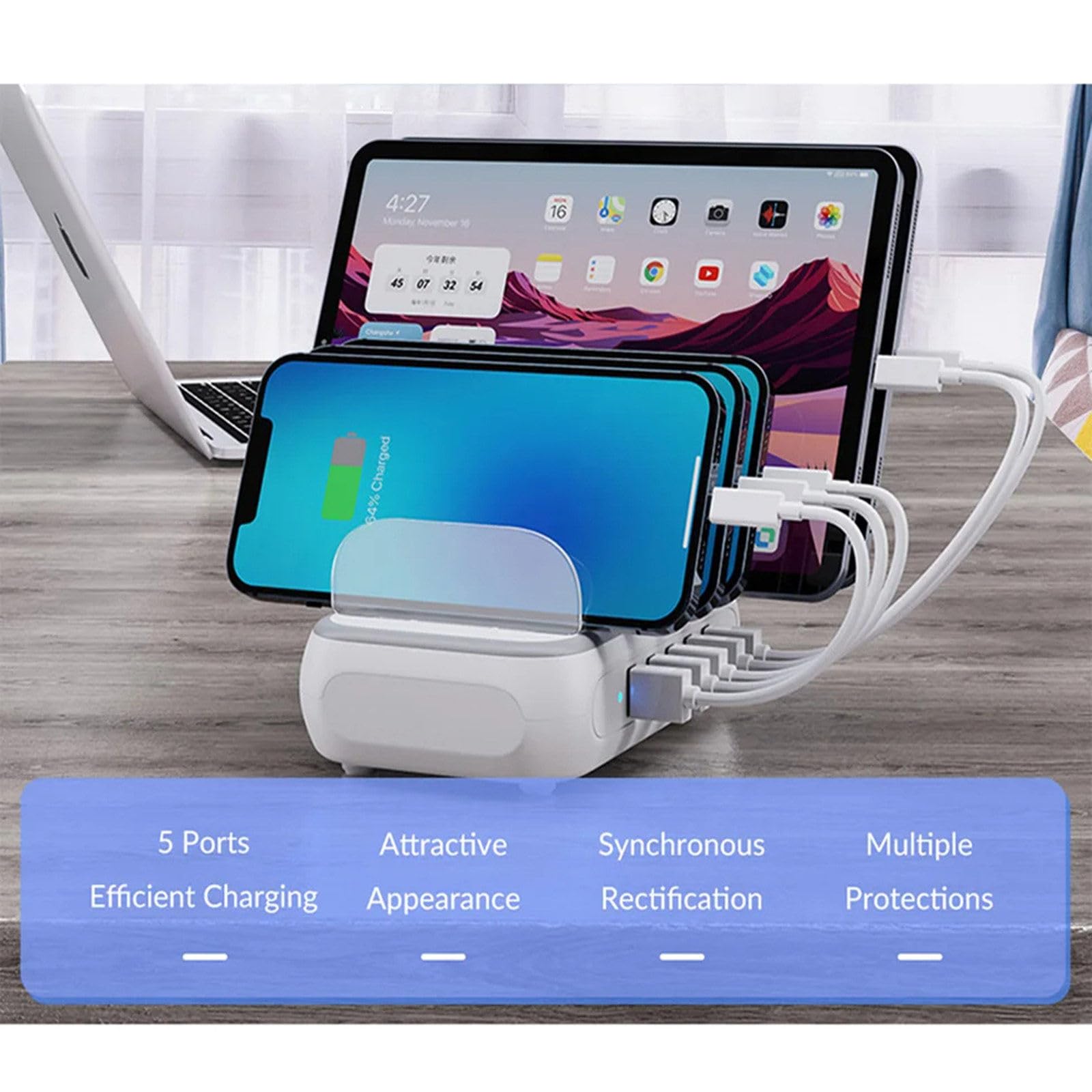 Cargador USB multipuerto, estación de Carga USB Inteligente de 5 Puertos Organizador Base para múltiples teléfonos celulares Enchufe de alimentación de 5 V Adaptador de Carga rápida,White-40W