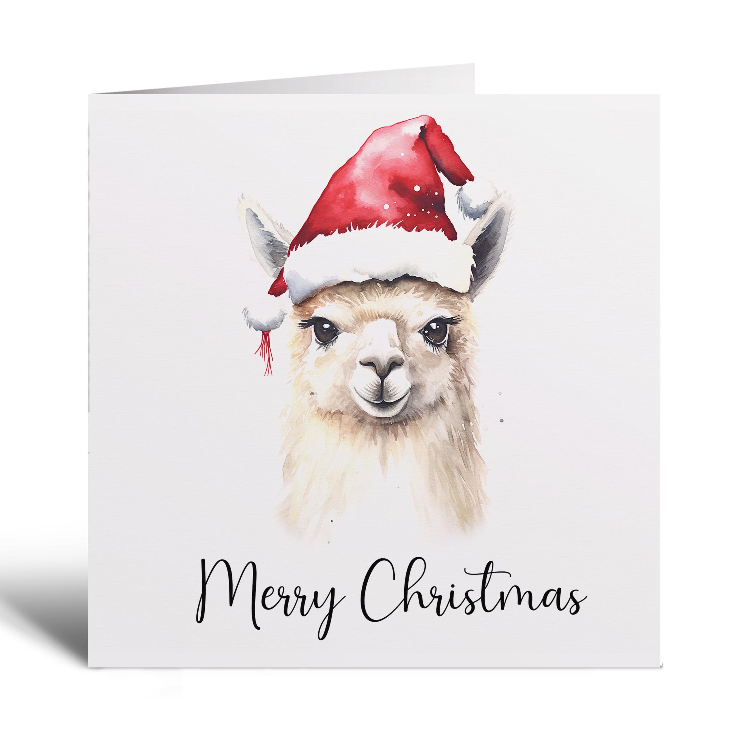 Postcard Prints - Fun Christmas Card of a Llama Wearing A Santa Hat Whimsical Watercolour Christmas Card For Animal Lover For Him or Her - 2 Cards