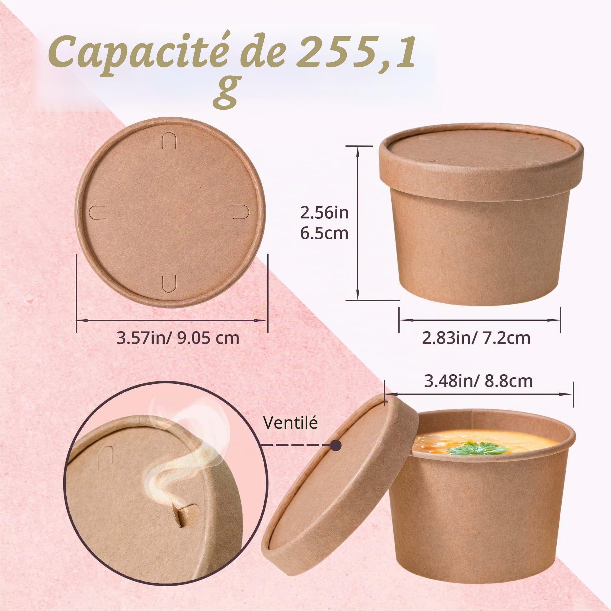 MATICAN Gobelets en papier à crème glacée avec couvercles, lot de 40 - Gobelets à soupe de 266 ml avec couvercles, contenants à crème glacée jetables, 266 ml, brun kraft