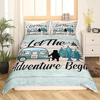 Erosebridal Camper Bedding Sets Queen Happy Camping Comforter Cover Pine Tree Bear Silhouette Duvet Cover Hand Drawing Style Bedding Set Retro Farmhouse Decor,Microfiber Quilt Cover 3Pcs