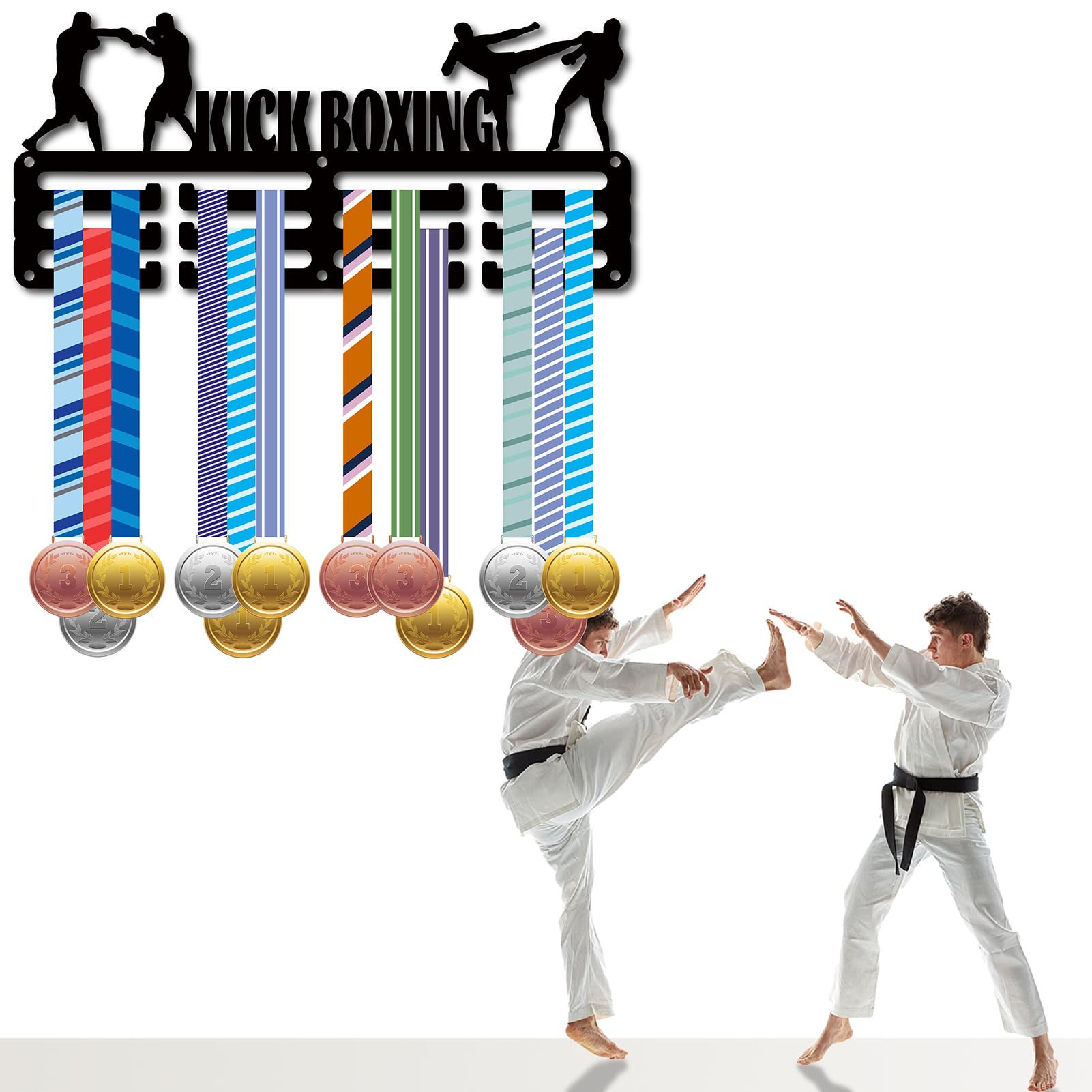 CREATCABIN Porta Medaglie per Kick Boxing Appendiabiti per Medaglie Espositore Sport Metallo Premi da Appendere Ferro Supporto Piccolo Decorazione Premi per Parete Casa Distintivo Corsa 29x13cm