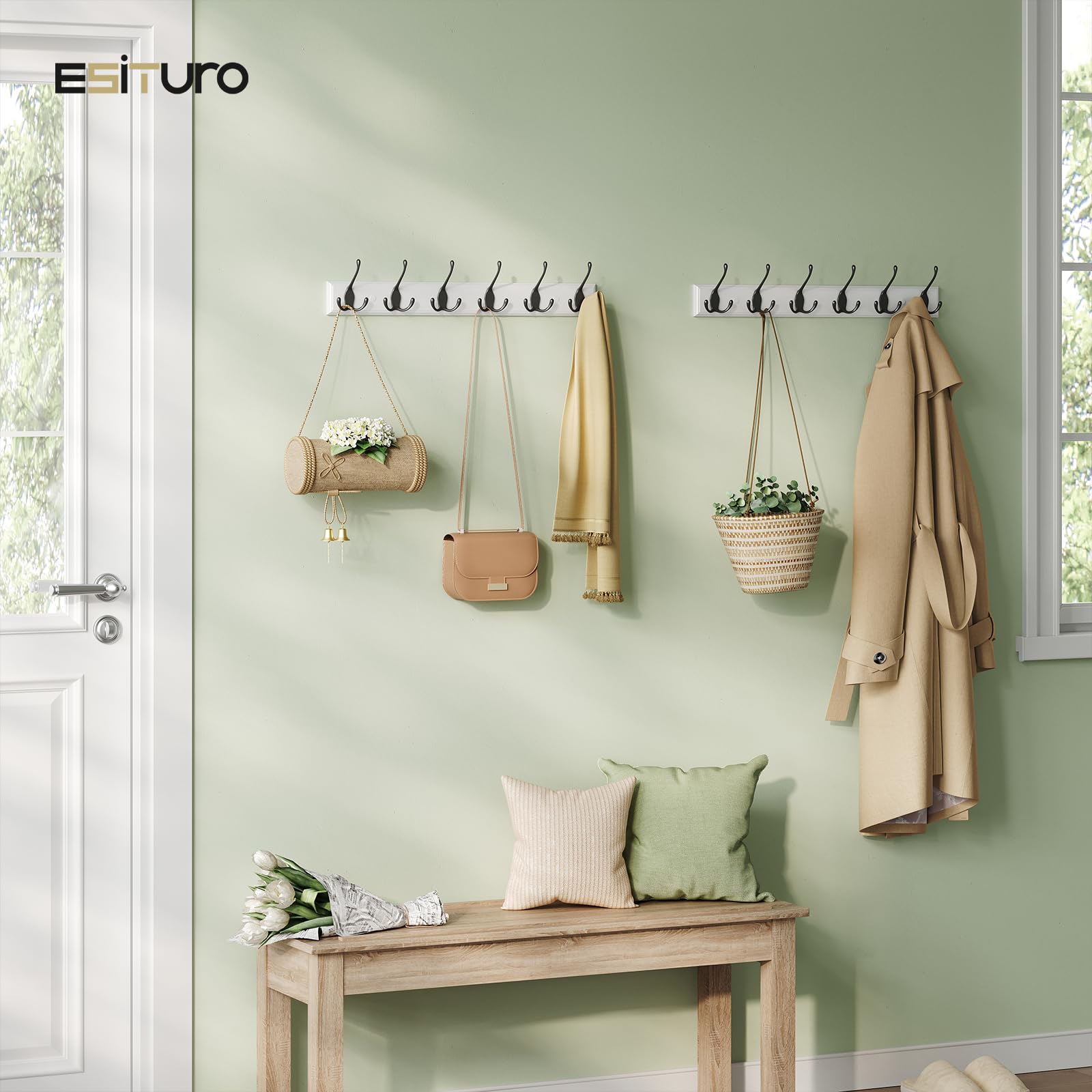 eSituro 2 Attaccapanni da Muro, 6 Appendi da Muro, Appendiabiti da Parete per Giacche, Cappotti, Chiavi, Borse, in Ingresso, Corridoio, Camera da Letto, in Legno e Metallo, Bianco e Nero
