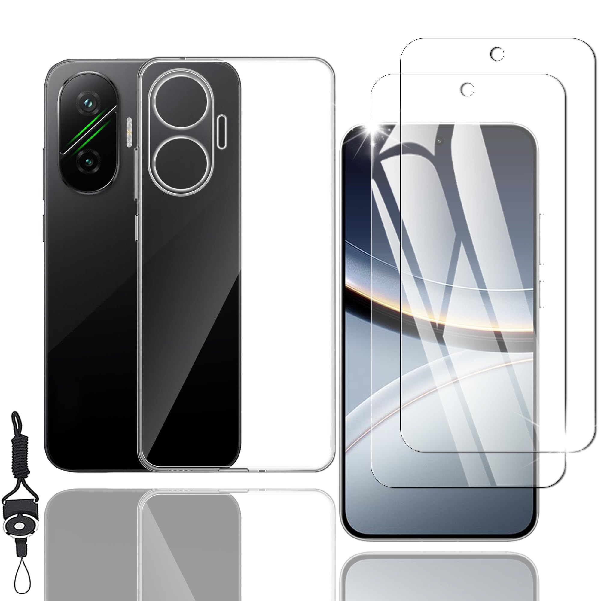Nutmeg XiaoMi POCO F7 ガラスフィルム（2枚）+ XiaoMi POCO F7 ケース クリア（1枚）【旭硝子素材採用 ストラップホール付き】XiaoMi POCO F7 フィルム シャオミ poco f7 保護フィルム カバー 携帯ケース スマホケース 硬度9H 高透過率 指紋防止 スクラッチ防止 撥水撥油 飛散防止 衝撃吸収 らかい手触り 滑り止め TPU 黄変防止