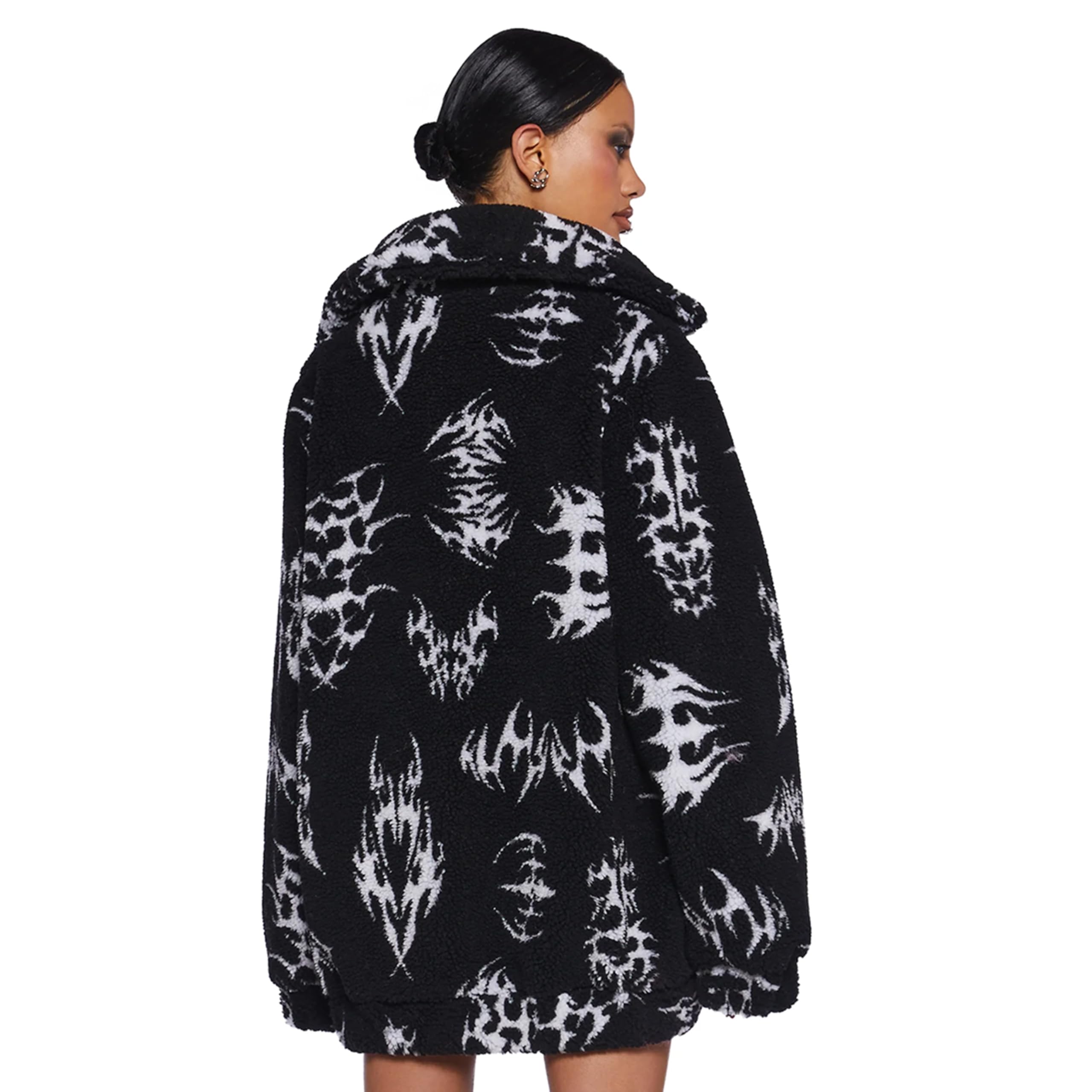 Dolls Kill Ciphered Up Sherpa Jacket by Club Exx - Oversized Symbol Print Faux Shearling Jacket - Black