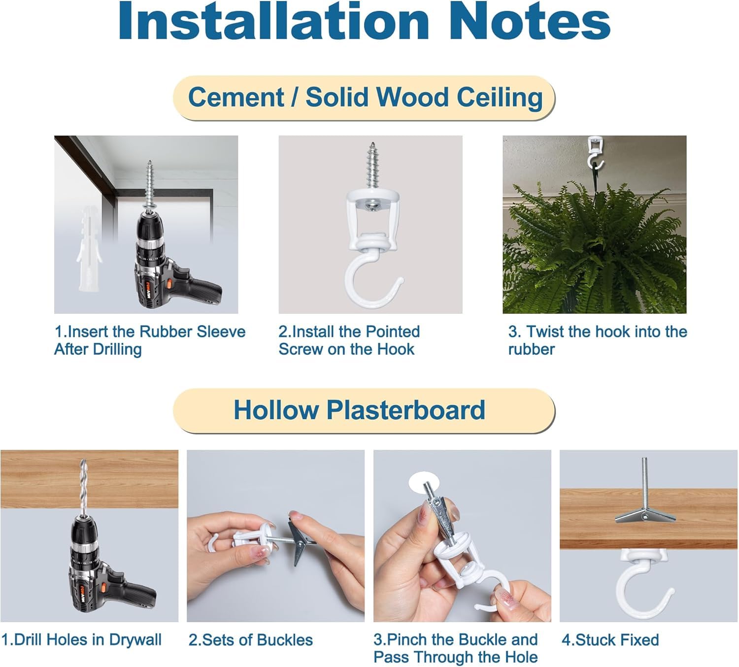 2 Piezas Gancho Techo para Colgar Plantas, Gancho Pared Macetas, Colgador Plantas Pared Exterior Interior, Blanco Soporte Plantas Colgantes para Macetas, Campanillas de Viento, Comederos de Pájaros