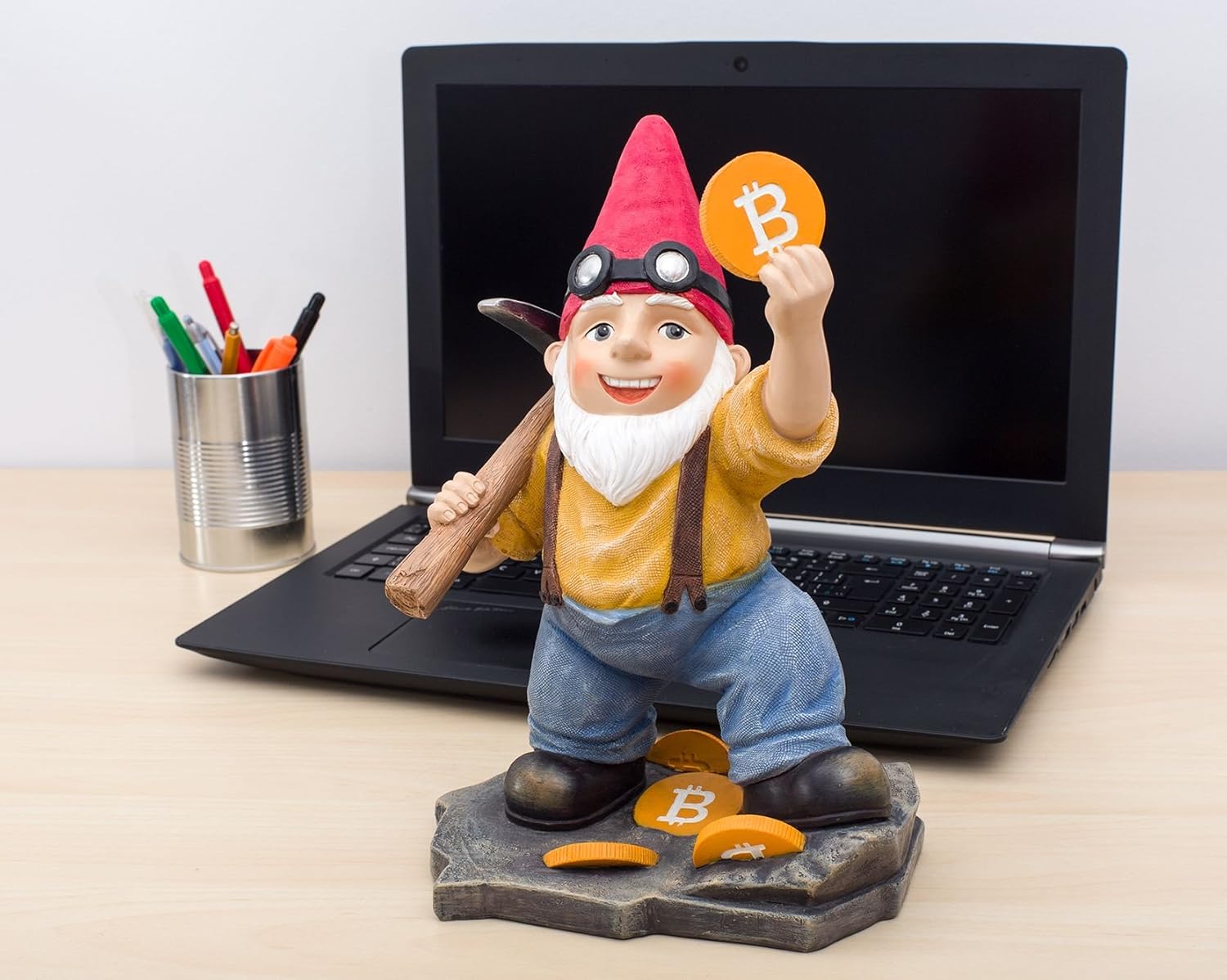 Joykick Bitcoin Miner Gnome - 11 x 7.5 Inches Hand Painted Garden Statue - Miniature Figurine for Indoor and Outdoor Use - Funny Gift for Home or Lawn Decor