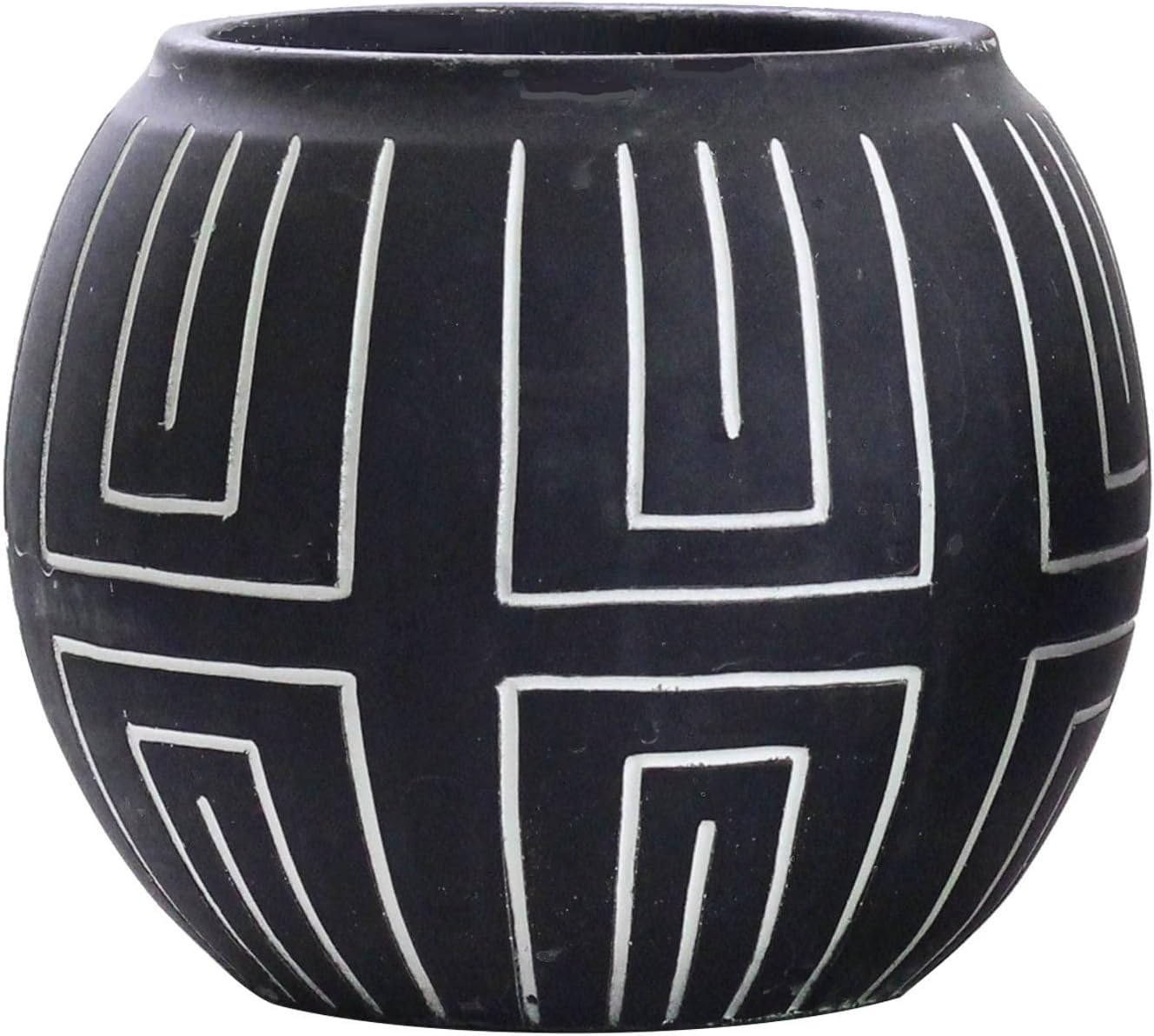 Olly & Rose Nile Plant Pot and Vase 15cm Ball Ceramic Flower Pot Black with Etched White Pattern Medium Flower Pots for Indoor Outdoor White Planters Flower Pots