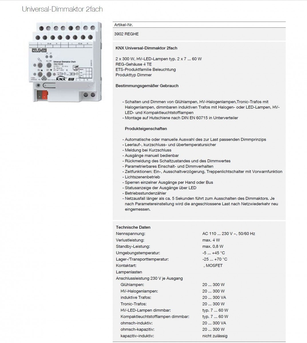 Jung KNX uniwersalny ściemniacz podwójny 3902REGHE