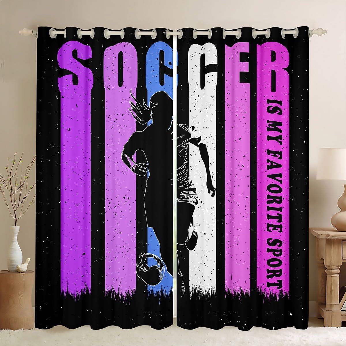 Soccer Curtains,Kids Adults Teens Room Decor Woman Girls Teens Sport Themed Boys Girls Window Treatment Curtain,Athlete Silhouette Window Drapes,Top 2 Panel,38Wx45L