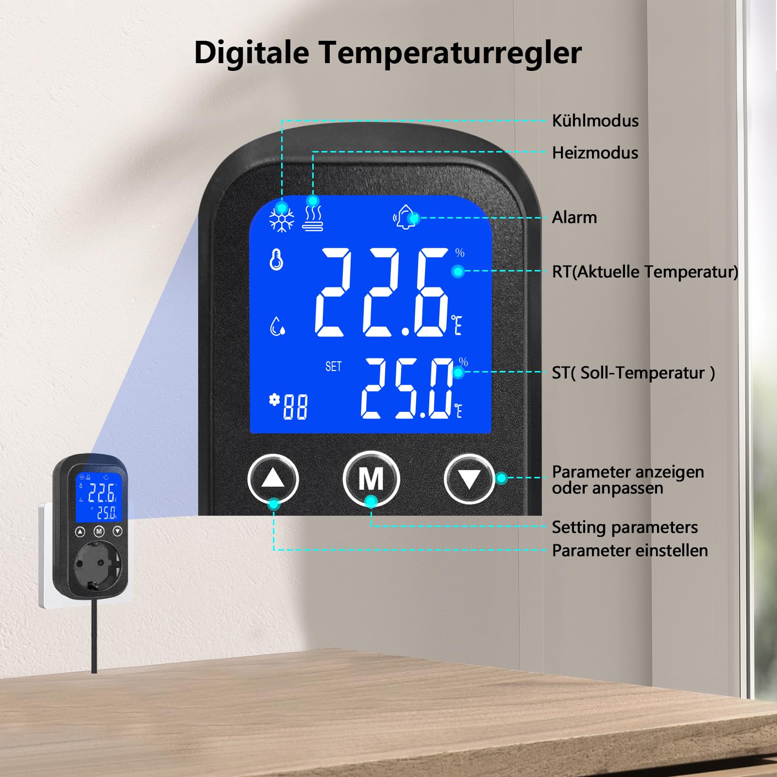 Digital Temperature Controller Socket mit wasserdichtem Sensor, Heizung Kühlsteuerung Thermostat Stecker, Temperaturschalter für Gewächshaus, Aquarium, Terrarium, Reptilien