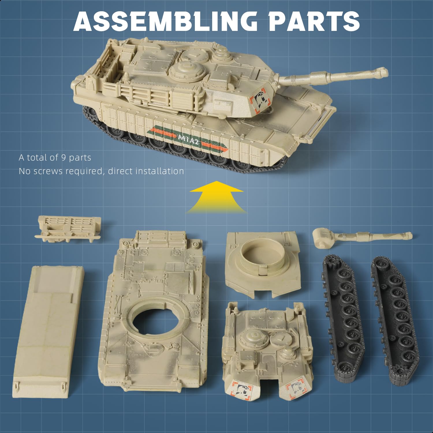 SEBUNAS 1/72 Scale M1A2 Military Tank Quick Build Model Kits United States Armored Vehicle M1A2 Main Battle Tank Building Model Gift for Kids (9PCS) - Image 4