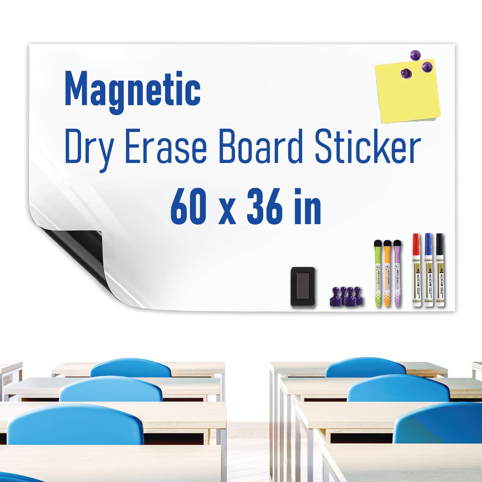 HeatPomelo Magnetic Whiteboard Sticker - Adhesive Backing 60" x 36" Dry Erase Board for Wall Whiteboard Contact Paper for Office Home Include Starter