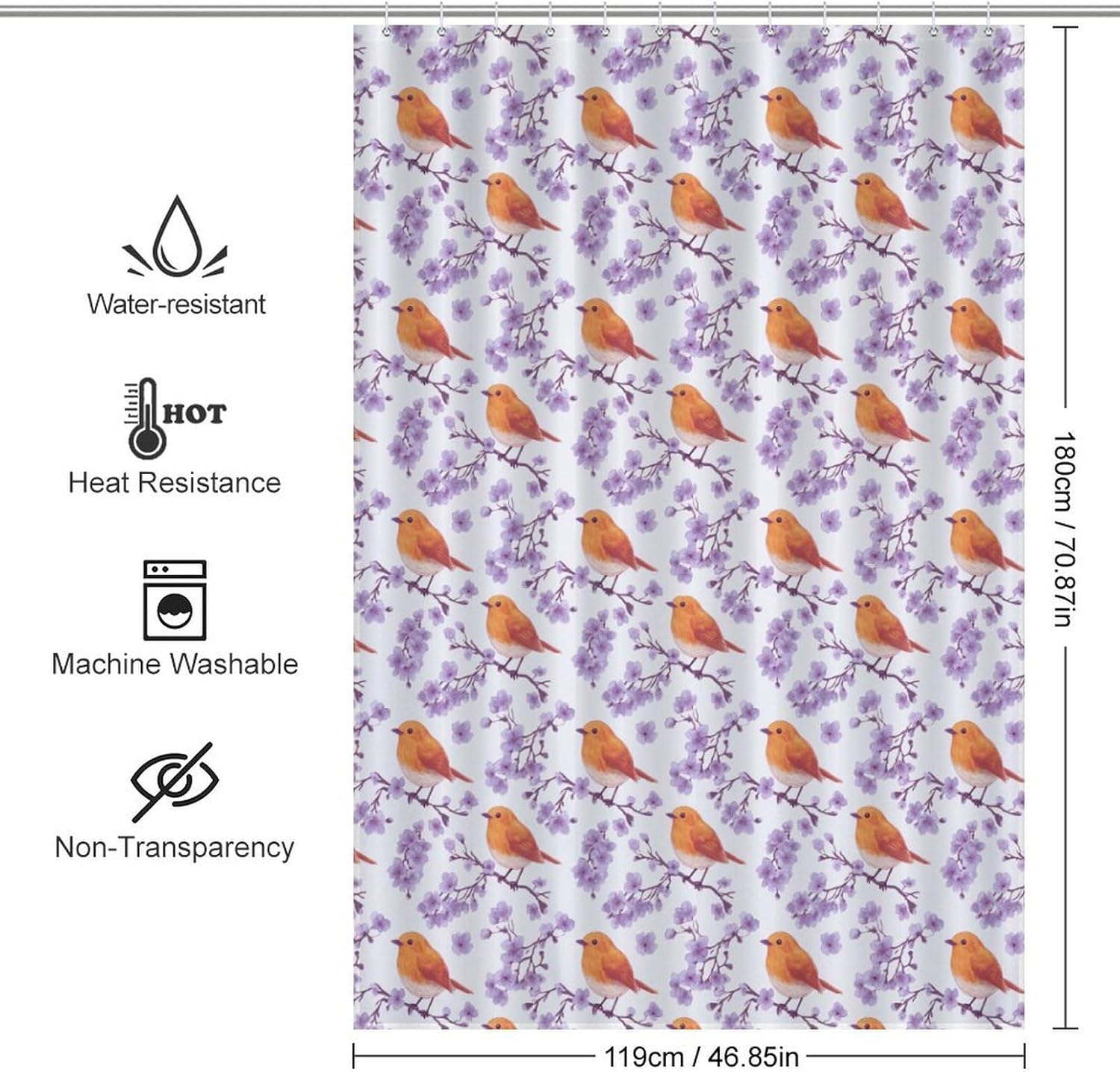 Robin Bird Print Shower Curtain 46.85x70.87Inch（119x180cm） Polyester Bath Curtain Shower Curtains Printed Decorative
