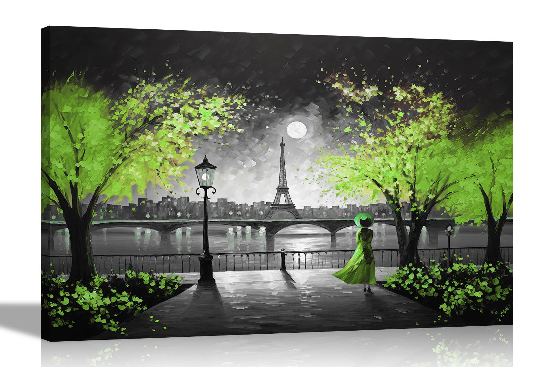 Artley Prints Black And White Green Black And White Alone At Night In Paris Green Large Canvas Wall Art Prints | Abstract Pictures | Framed And Ready To Hang For Living Room 86 X 61Cm (34 X 24 Inches) A1